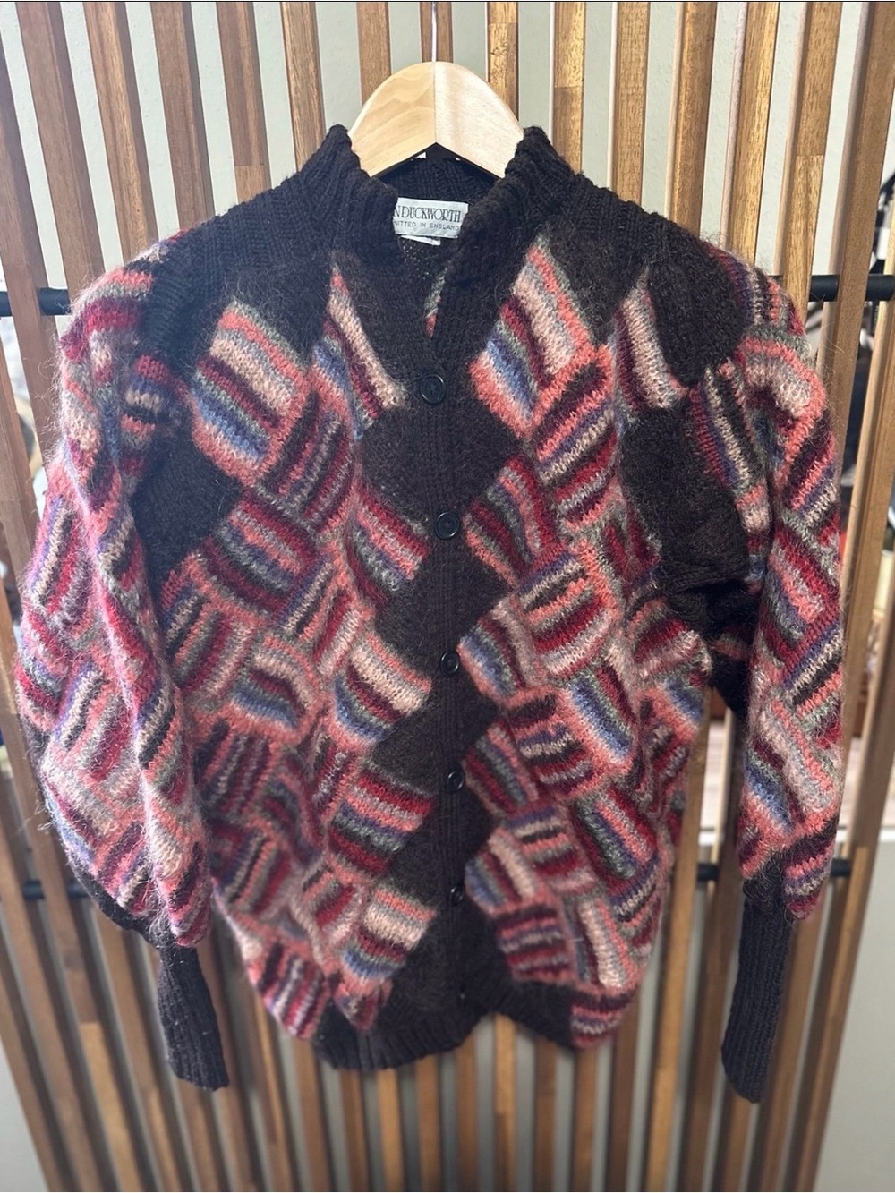 VTG Susan Duckworth Hand Knitted in England All Wool Cardigan Sweater Colorful